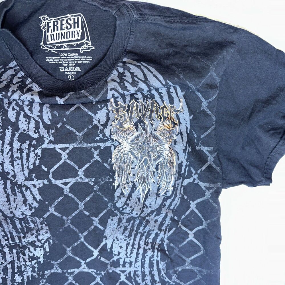 Fresh Laundry Large Black T-Shirt Savage Wings Graphics 100% Cotton